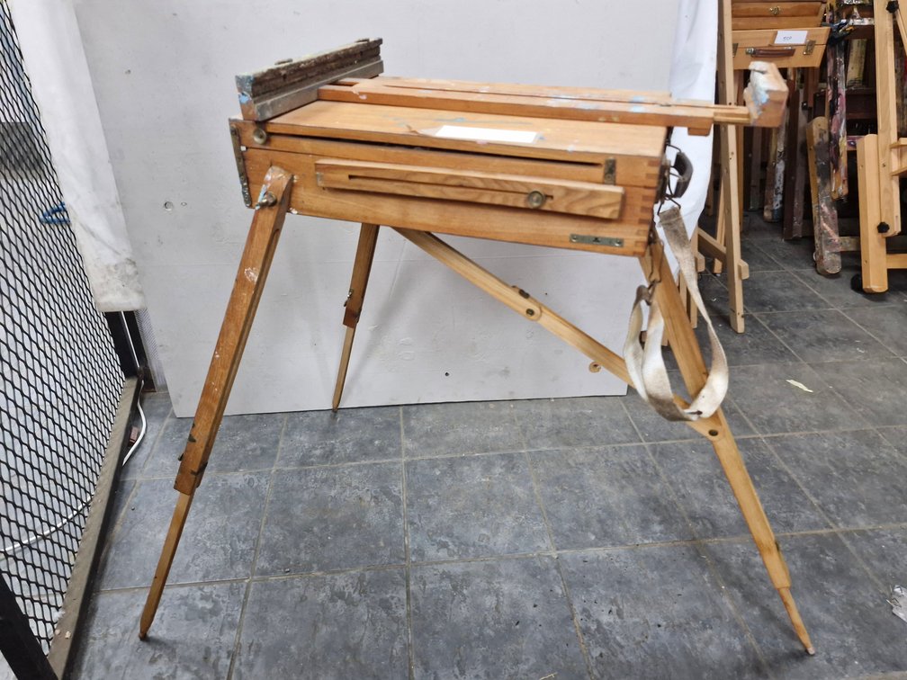 Vintage Folding Wooden Field Easel with Paints