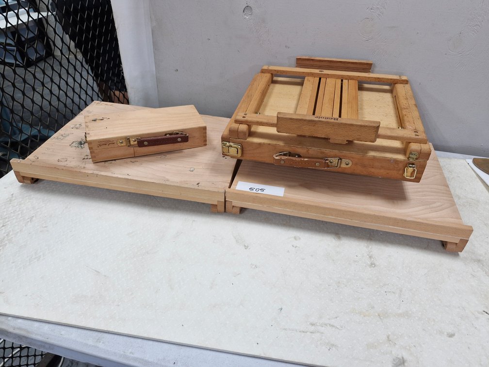 Three Wooden Artist Box Easels with Paints