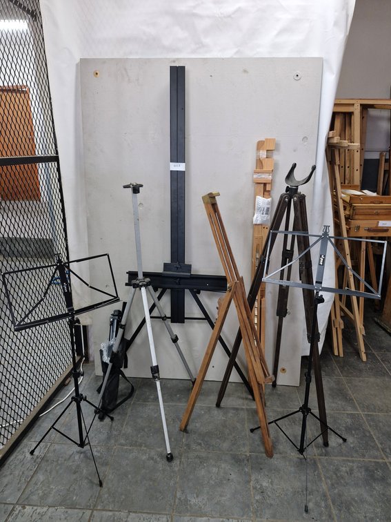 Four Artist Easels and Three Metal Music Stands