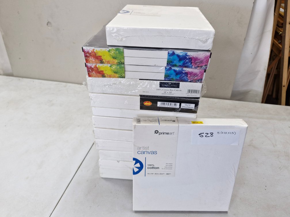 15 Assorted Artist Canvases / Panels – about 25 x 25 cm