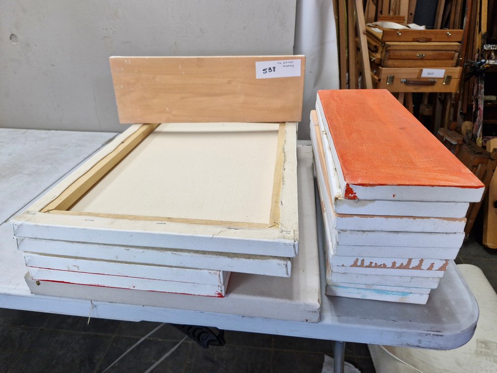 16 Assorted Artist Canvases / Panels – mixed sizes including about 15 x 45 cm and 40 x 60 cm