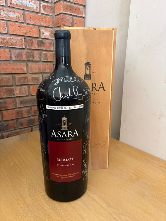 Asara Signed Sharks 2008 Super 14 Team Merlot – Large-Format Bottle & Wooden Box – HIGHLY COLLECTIBLE