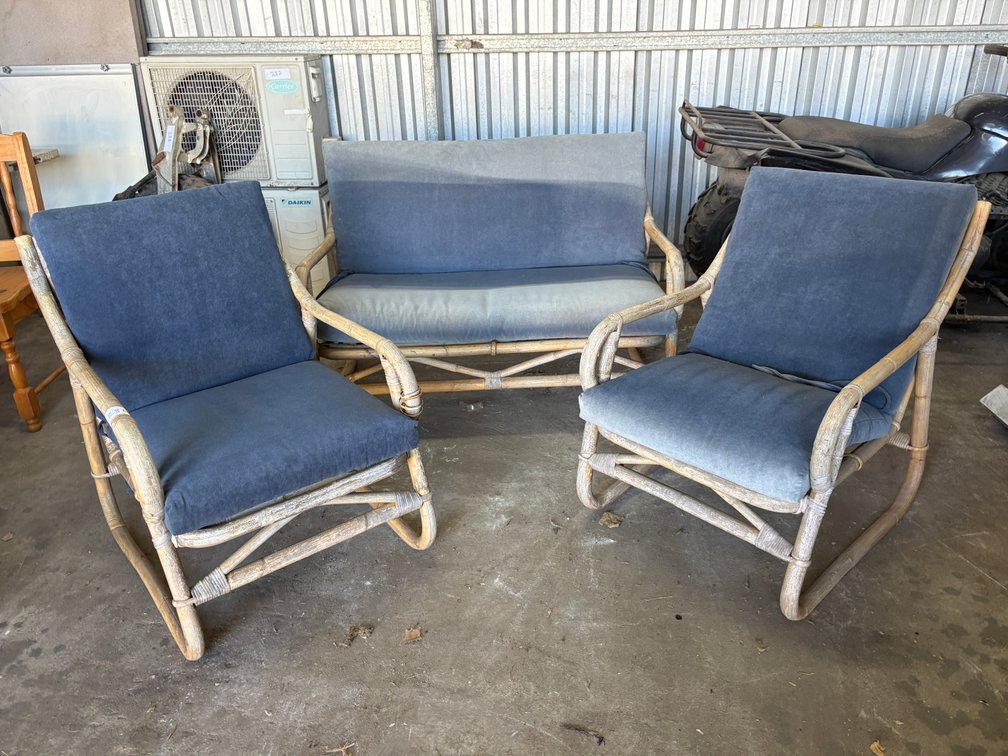 Three-Piece Cane Lounge Suite with Blue Cushions