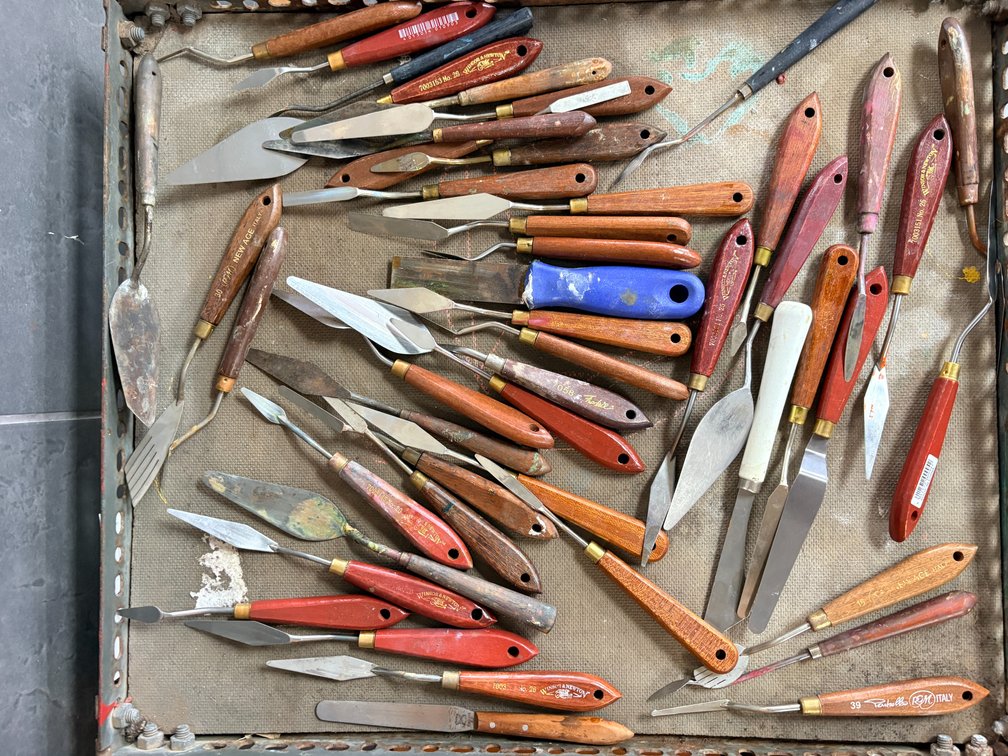 Large Group of Artist Palette Knives and Wooden Craft Tools