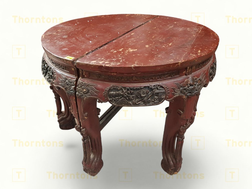 Antique Carved Wooden Circular Table with Chinioiserie Decorative Detailing
