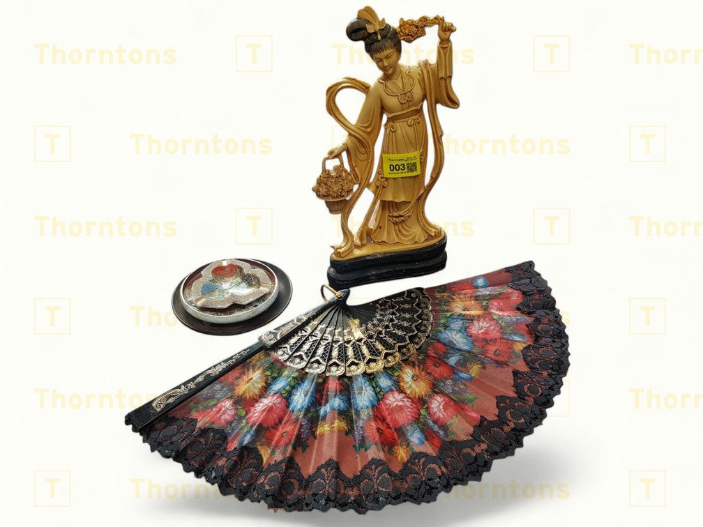 Asian-Style Decorative Figurine, Fan, and Bowls Assortment