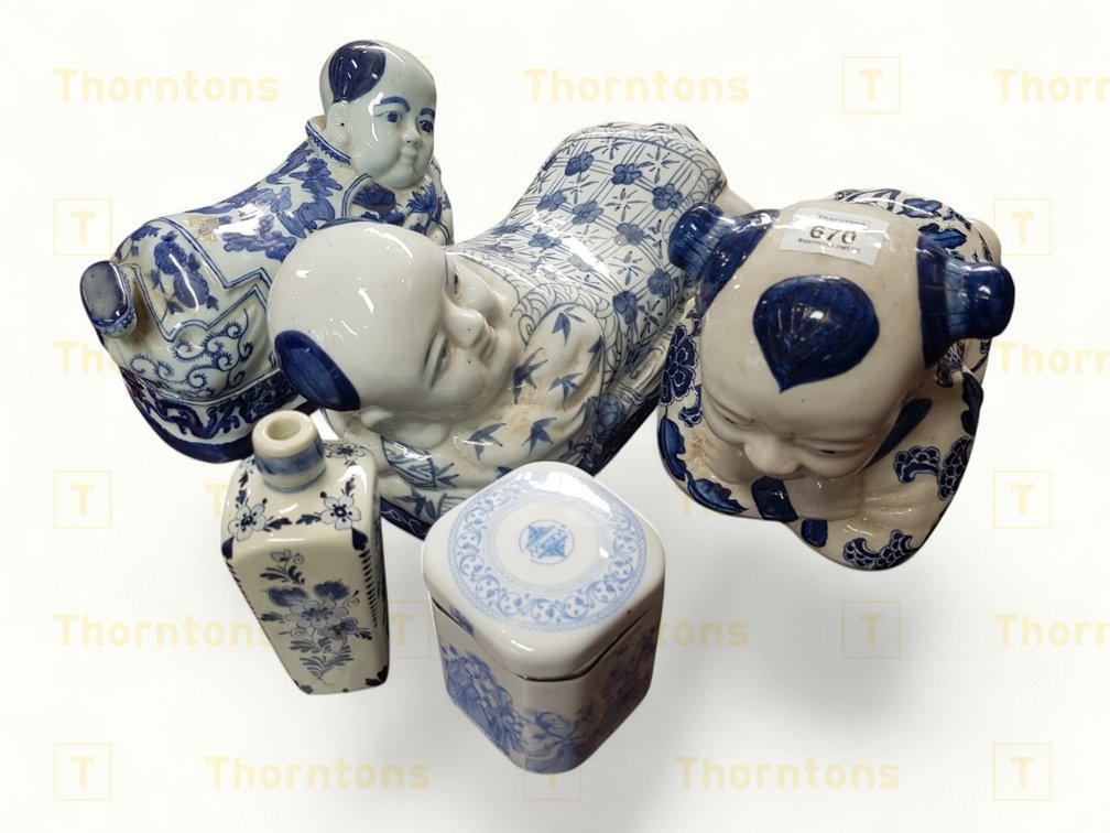 Blue and White Chinese Porcelain Items Including Pillow Figurines