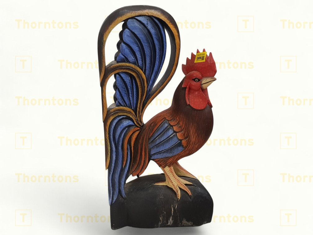 Hand-Carved Wooden Rooster Sculpture with Painted Details