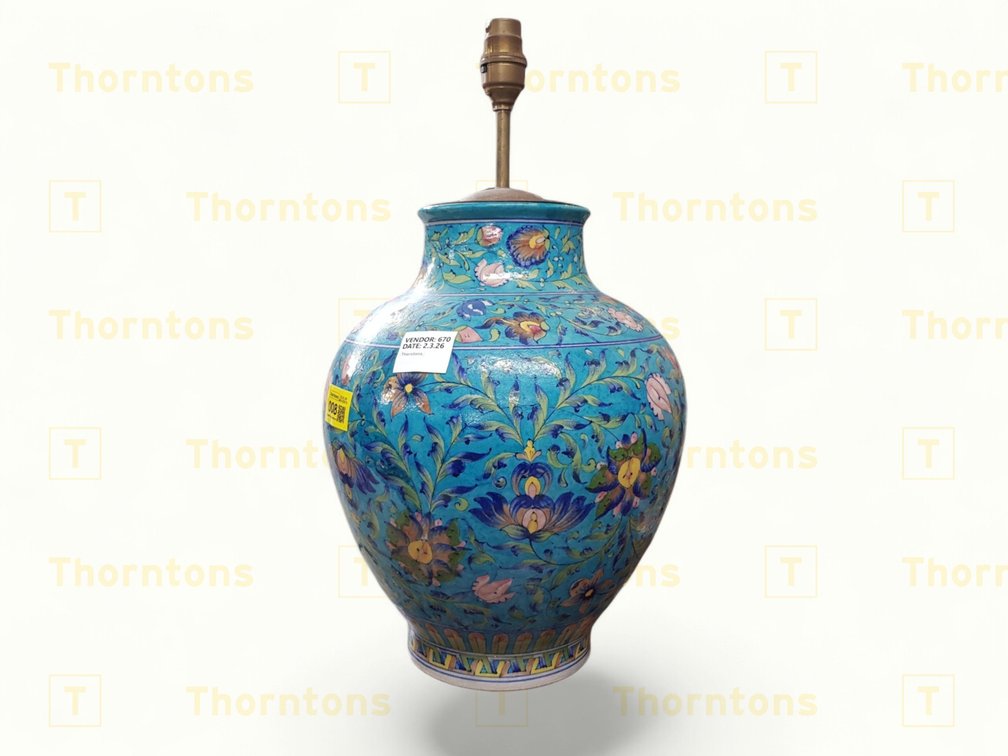 Set of Two Decorative Chinioiserie Ceramic Lamp Bases and Small Box with Scarab Stones