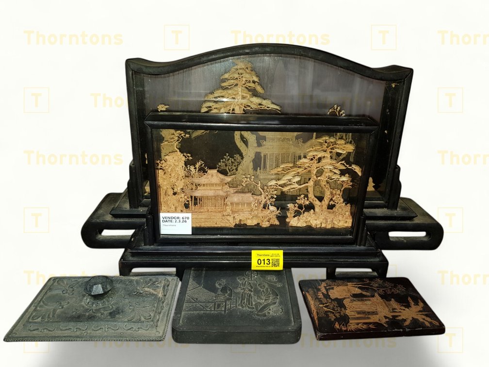 Chinese Ink Stone Set with Carved Screens and Decorative Panels