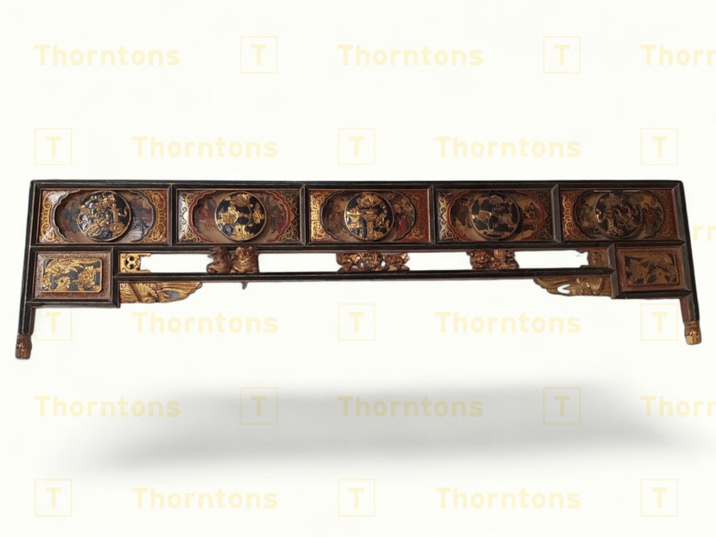 Antique Carved and Painted Wooden Architectural Panel with Gilded Decor