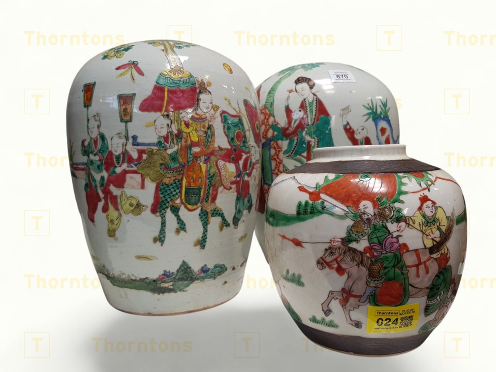 Three Handpainted Ceramic Ginger Jars