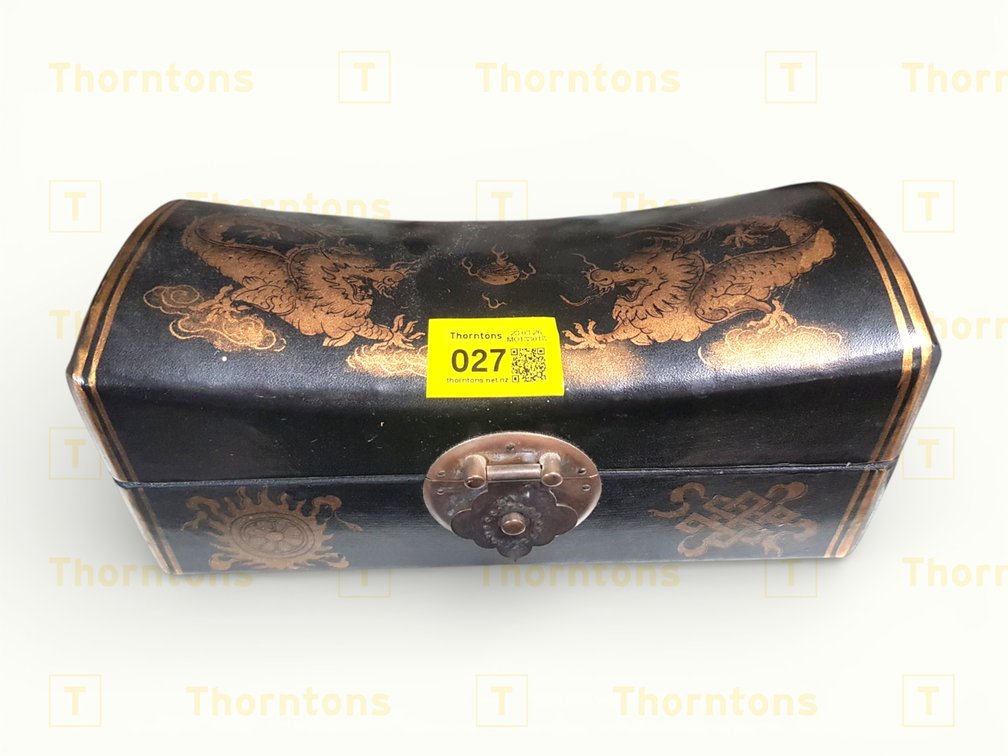 Black Lacquered Box with Gold Detailing and Pair of White Stone Dog Statues