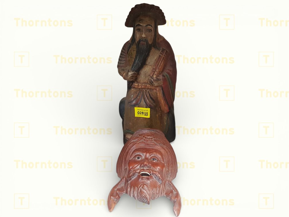 Vintage Chinese Hand-Painted Figurine Carved Wooden Ottoman Head Wall Hanging