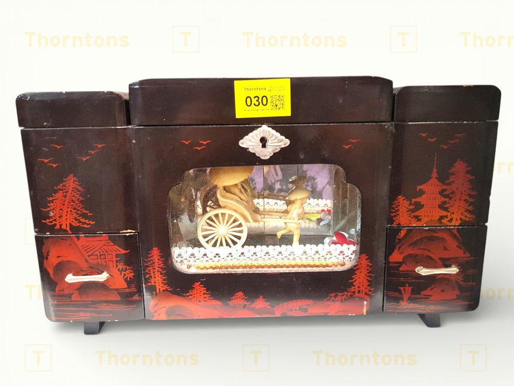 Japanese Lacquered Music Box and Jewellery Cabinet with Carved Diorama Scene