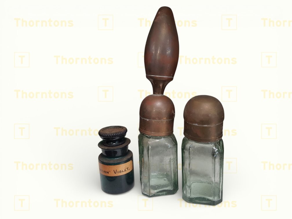 Vintage Glass Bottles with Metal Caps and Chemist's Jars