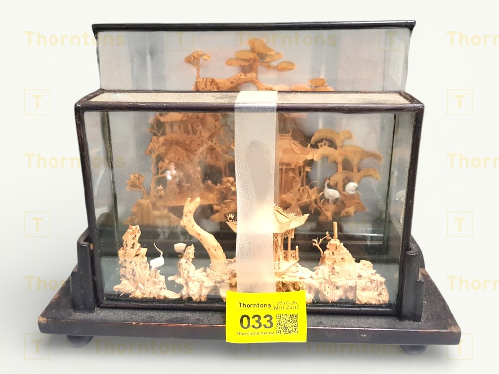 Chinese Hand-Carved Cork Dioramas in Wooden and Glass Frames
