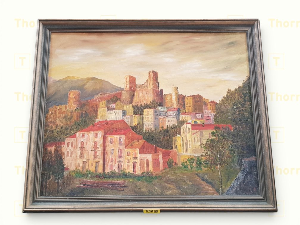 Oil Painting Depicting a Cityscape in Wooden Frame