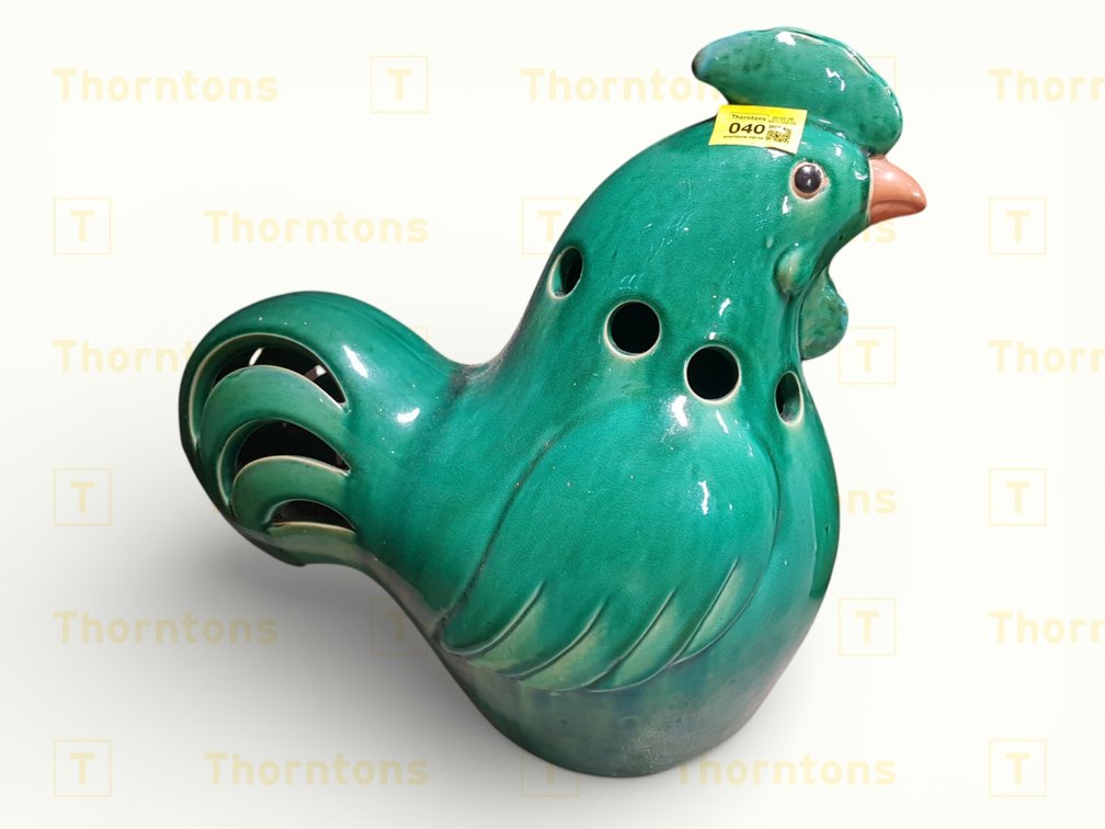 Green Ceramic Rooster Lantern or Decorative Sculpture