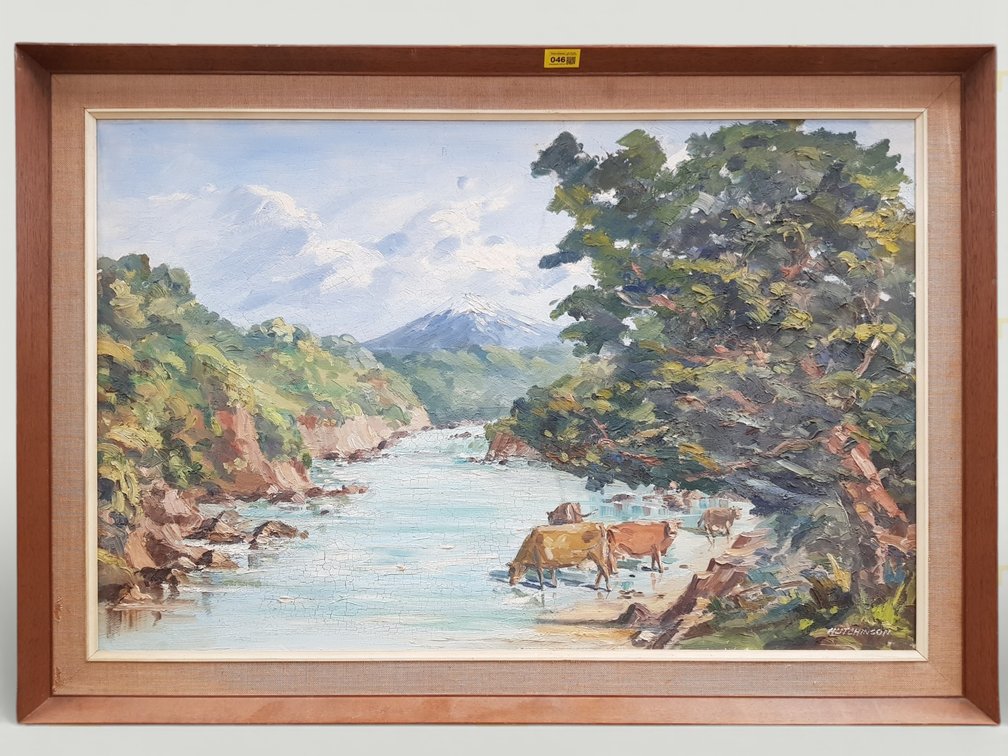 Landscape Oil Painting with Cows by a River in Timber Frame