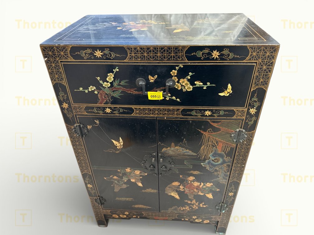 Black Lacquered Cabinet with Hand-painted Oriental Design and Drawer
