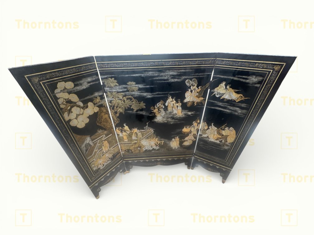 Black and Gold Three-Panel Folding Screen with Scenic Motif