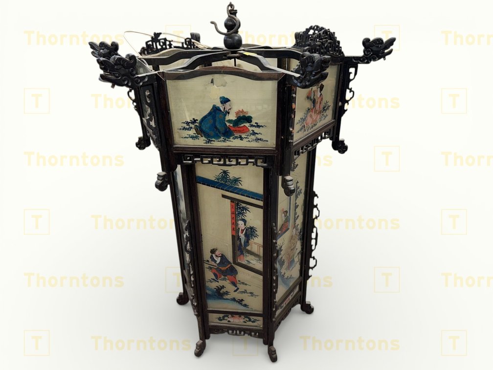 Chinese-Style Hexagonal Lantern with Painted Panels and Ornate Frame