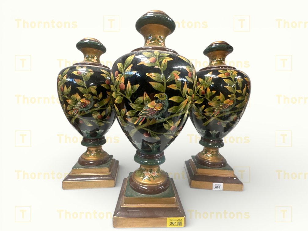 Painted Ceramic Urns with Bird and Foliage Motif