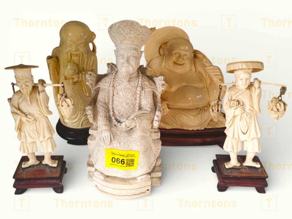 Figurines Including Buddha and Farmers Mounted on Stands