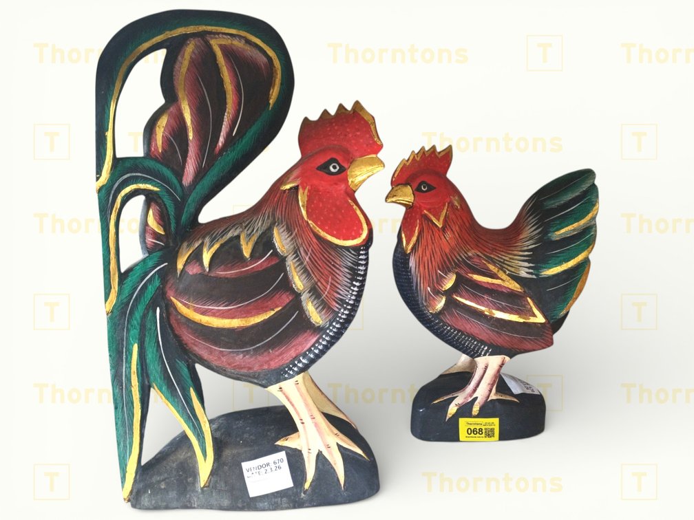 Hand-Carved Painted Wooden Rooster Figurines