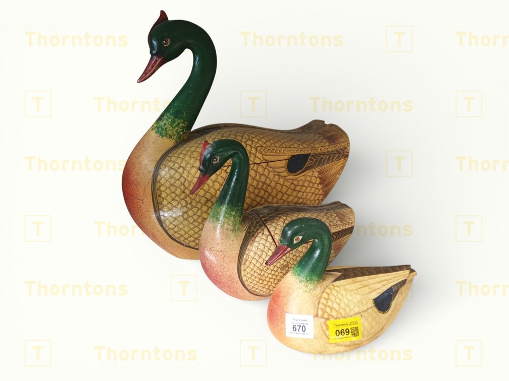 Three Hand-Painted Wooden Duck Boxes