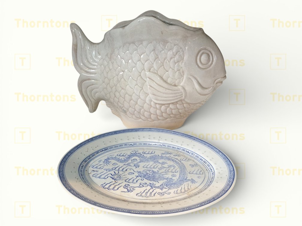Chinese-Style Porcelain Fish Vase and Dragon Motif Platter
