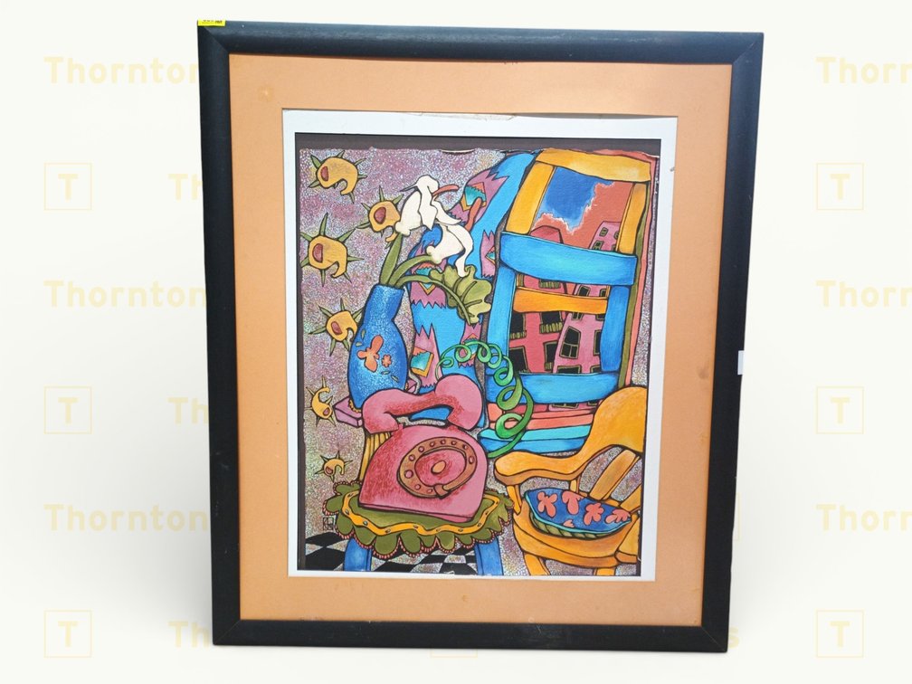 Framed Mixed Media Artwork Featuring Vibrant Interior Scene