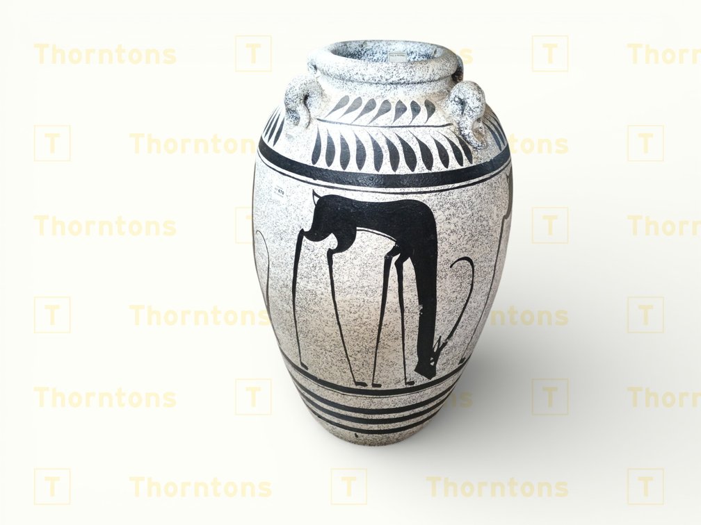 Large Ceramic Vase With Black Animal Motifs and Leaf Patterns