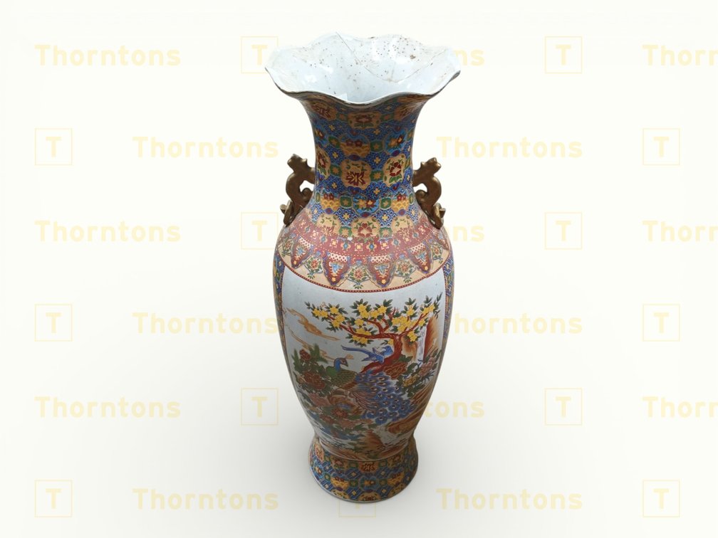 Large Decorative Vase with Peacocks and Ornamental Handles