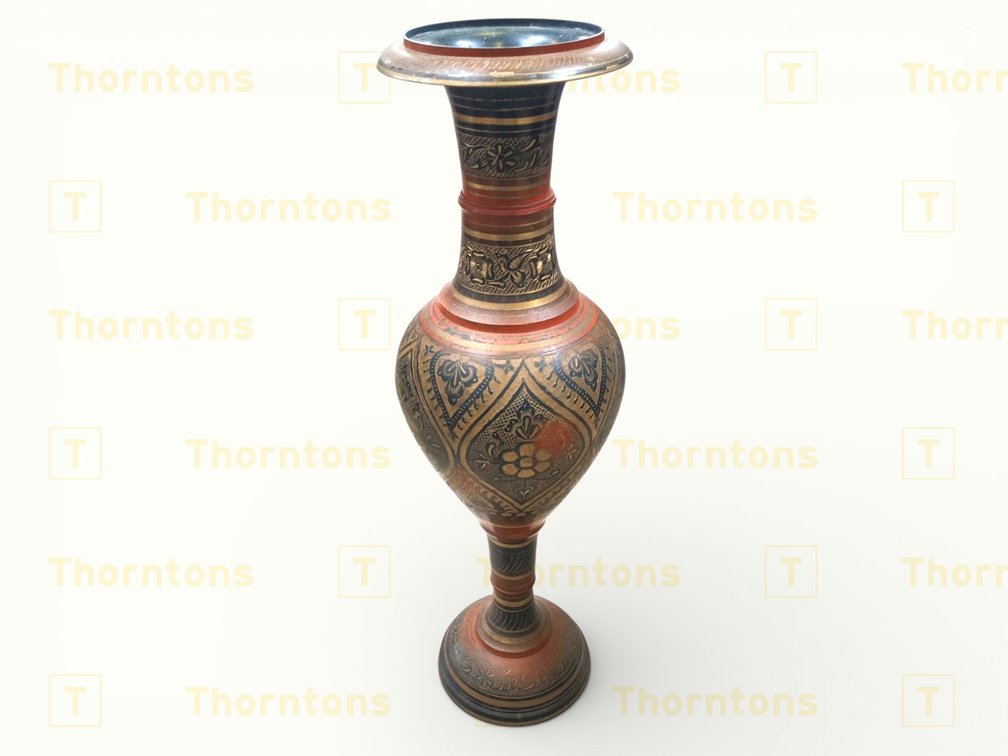 Metal Vase with Brass Detailing and Engraved Patterns