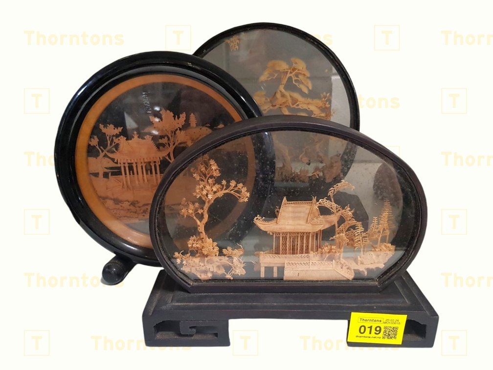 Three Chinese Diorama-Style Sandalwood Art Panels