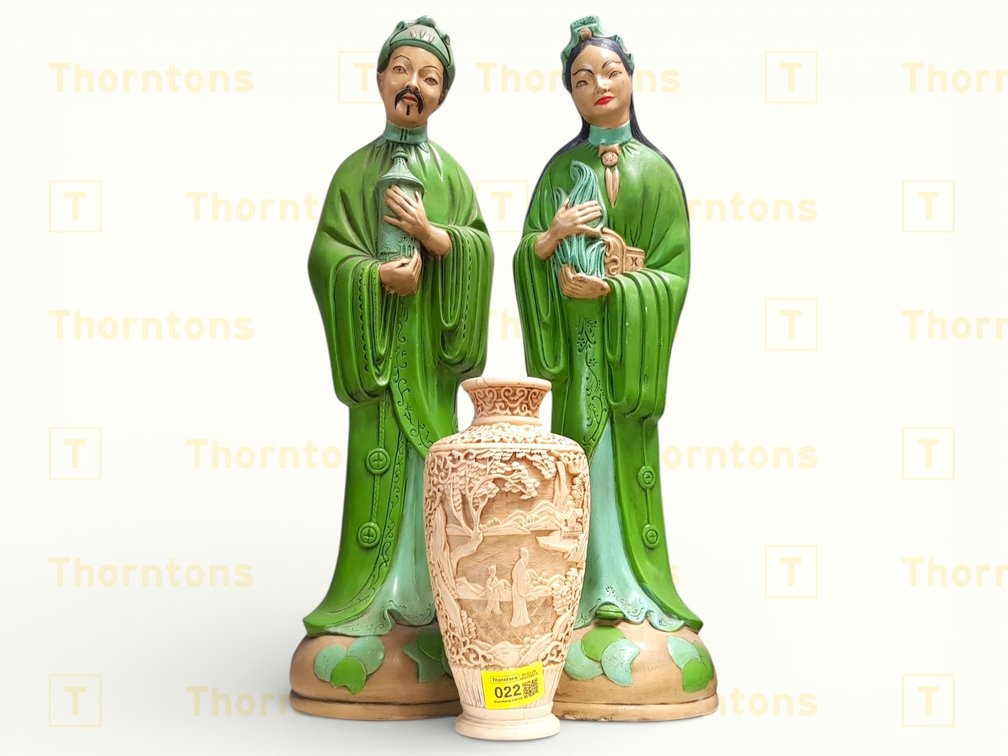 Vintage Ceramic Figurines and Carved Faux-Ivory Vase