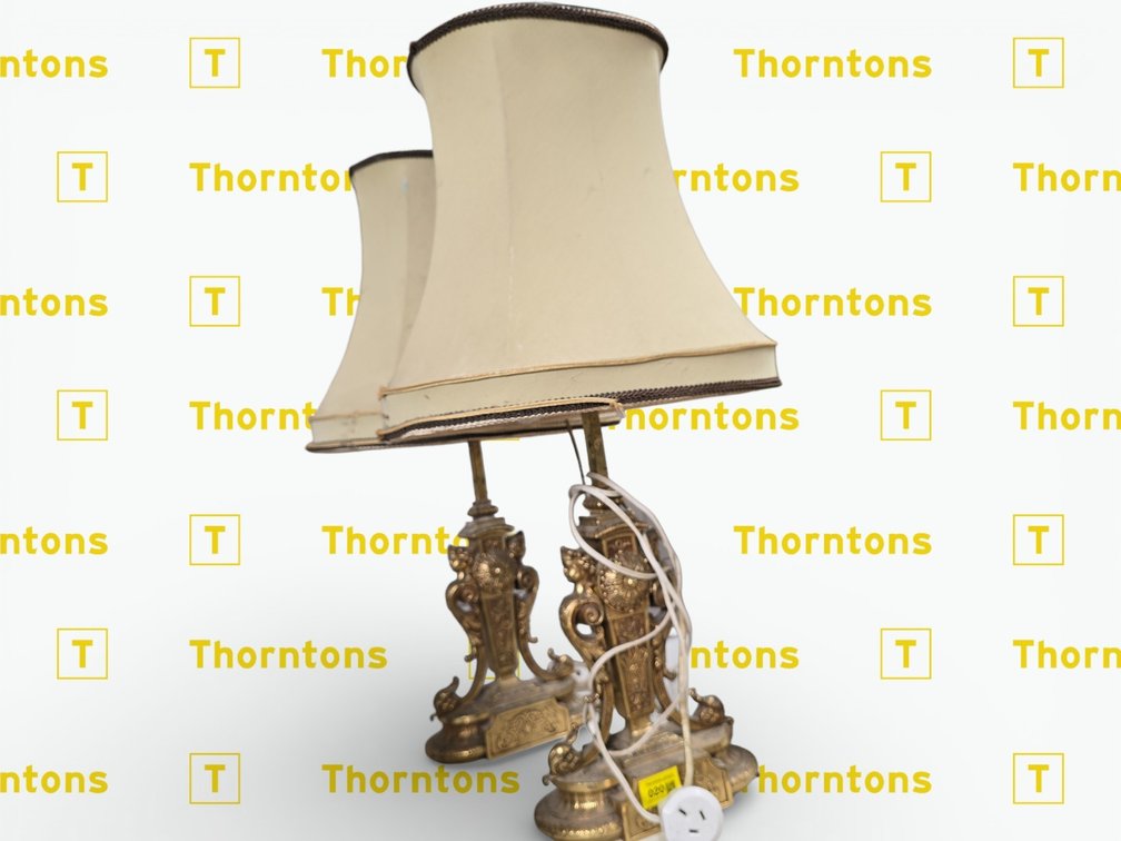 Antique Gold-Tone Table Lamps with Cream Fabric Shades