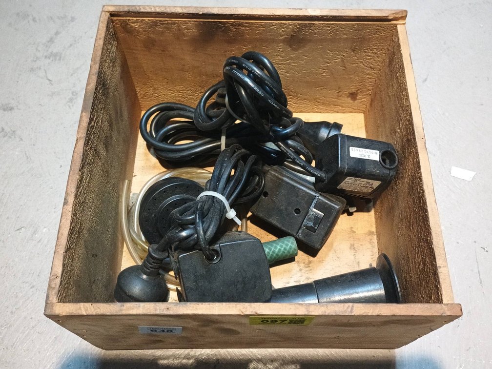 Wooden Box with Electrical Items